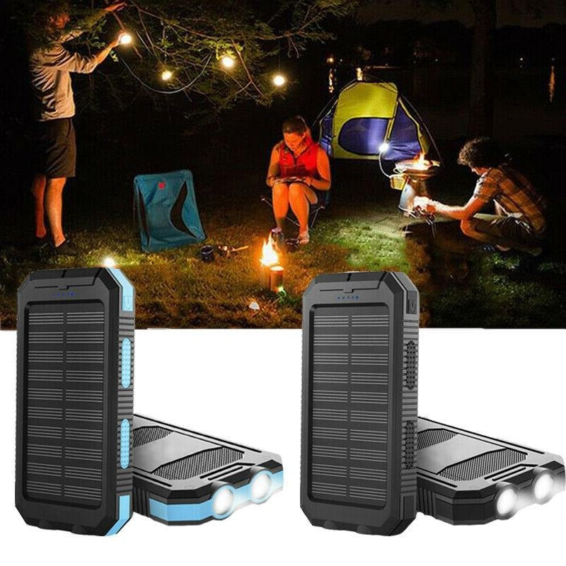 Back view of a waterproof solar power bank showing rugged casing and carabiner clip for outdoor use.