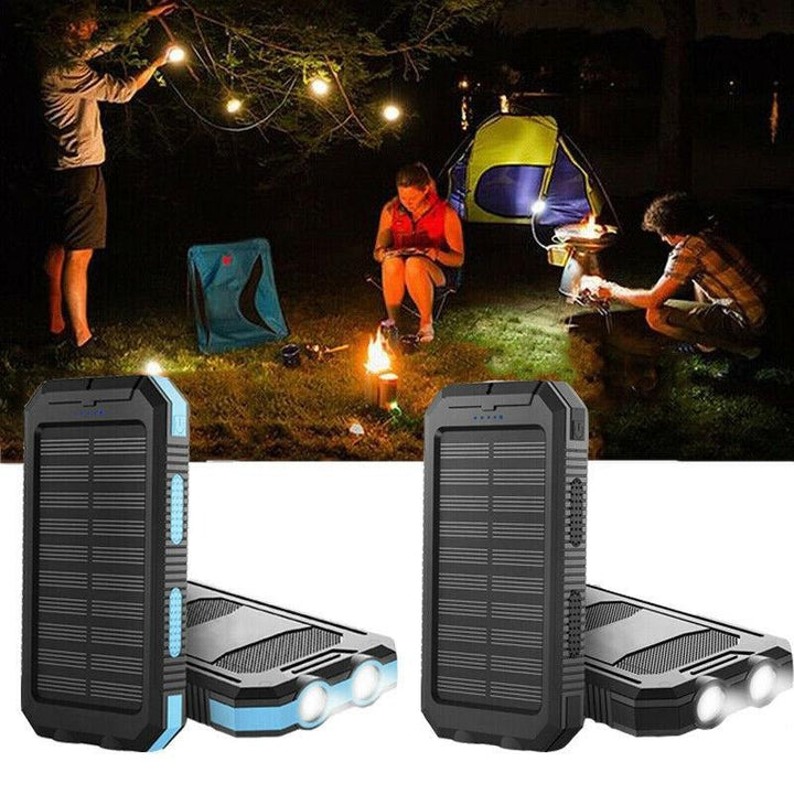 Back view of a waterproof solar power bank showing rugged casing and carabiner clip for outdoor use.