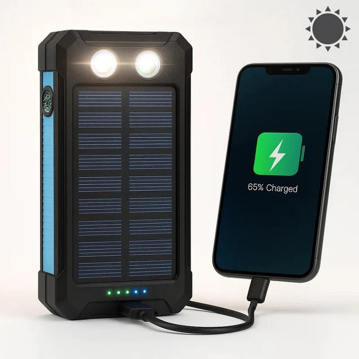 Portable solar power bank for phone charging, waterproof & rugged, great for camping & travel.