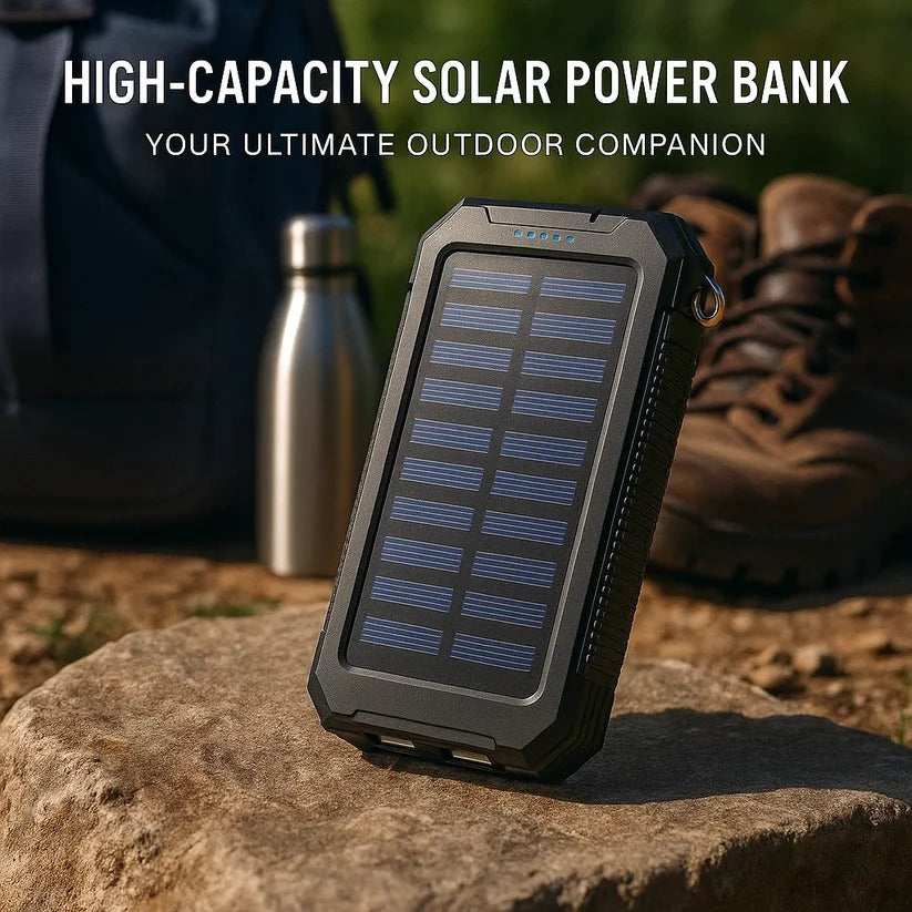 Compact & portable solar power bank, waterproof, ideal for camping, hiking, and travel charging.