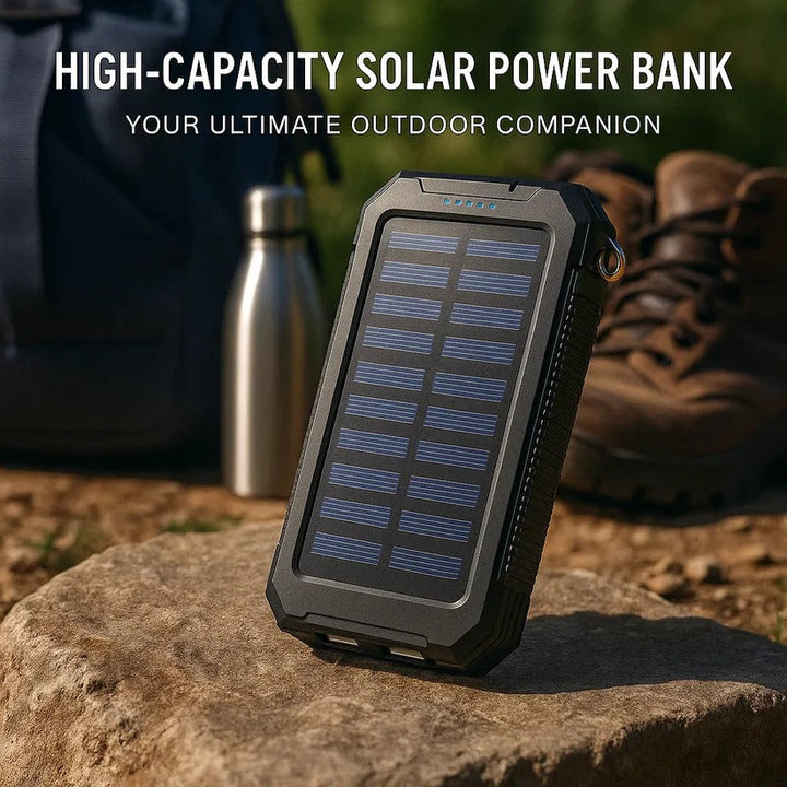 Compact & portable solar power bank, waterproof, ideal for camping, hiking, and travel charging.
