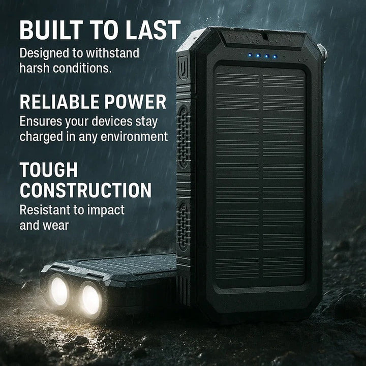 Rugged waterproof solar power bank with LED light, durable for outdoor adventures & emergency use.