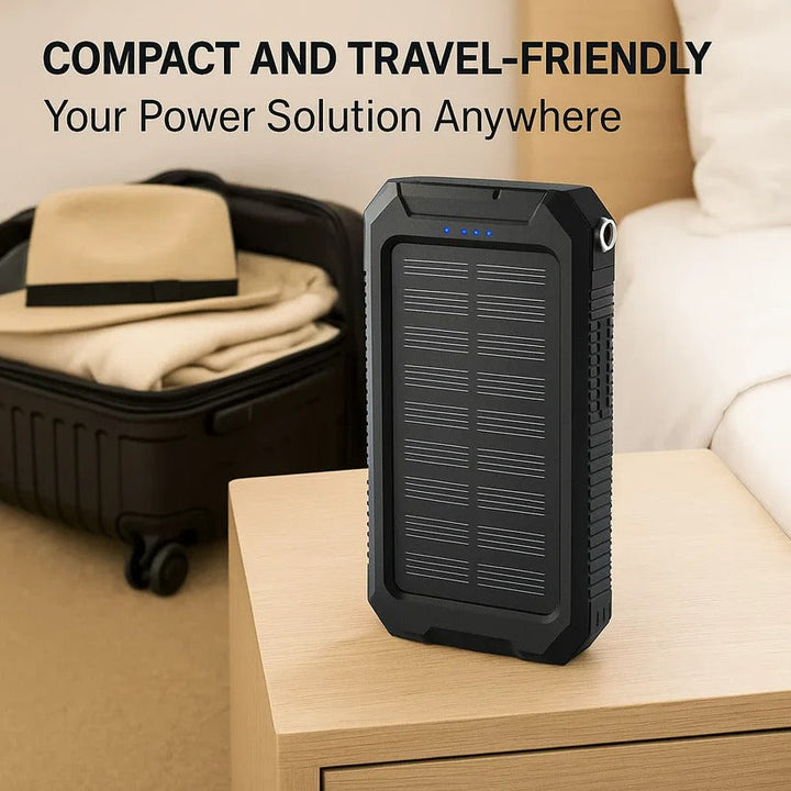 Close-up of a waterproof solar power bank showing dual USB ports and LED flashlight.