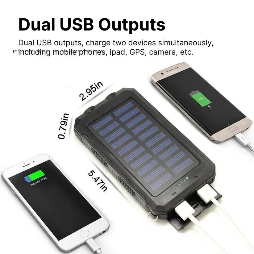 High-capacity waterproof solar power bank, portable outdoor phone charger with LED light.