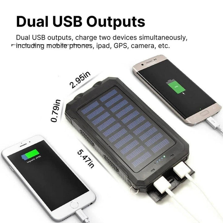 High-capacity waterproof solar power bank, portable outdoor phone charger with LED light.