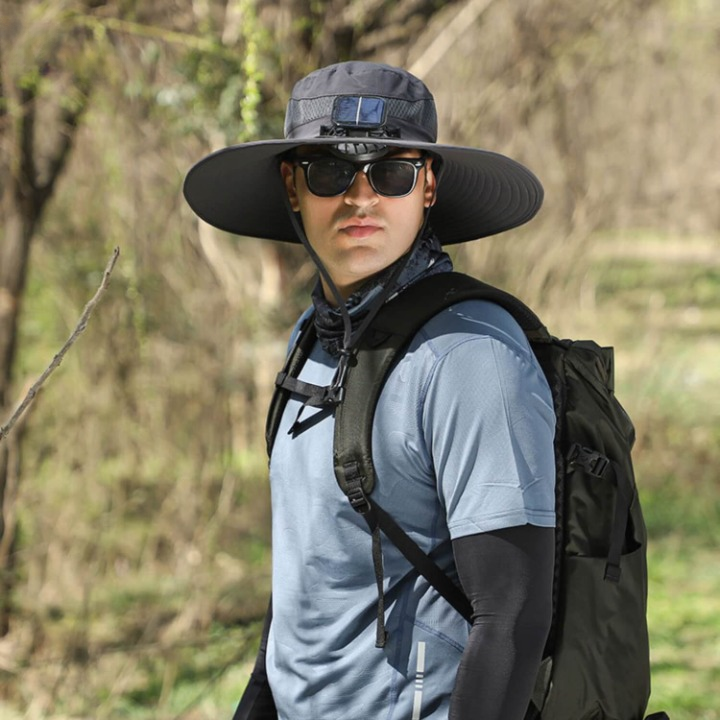 Essential outdoor gear: a blue solar-powered cooling fan hat offering ultimate UV protection.