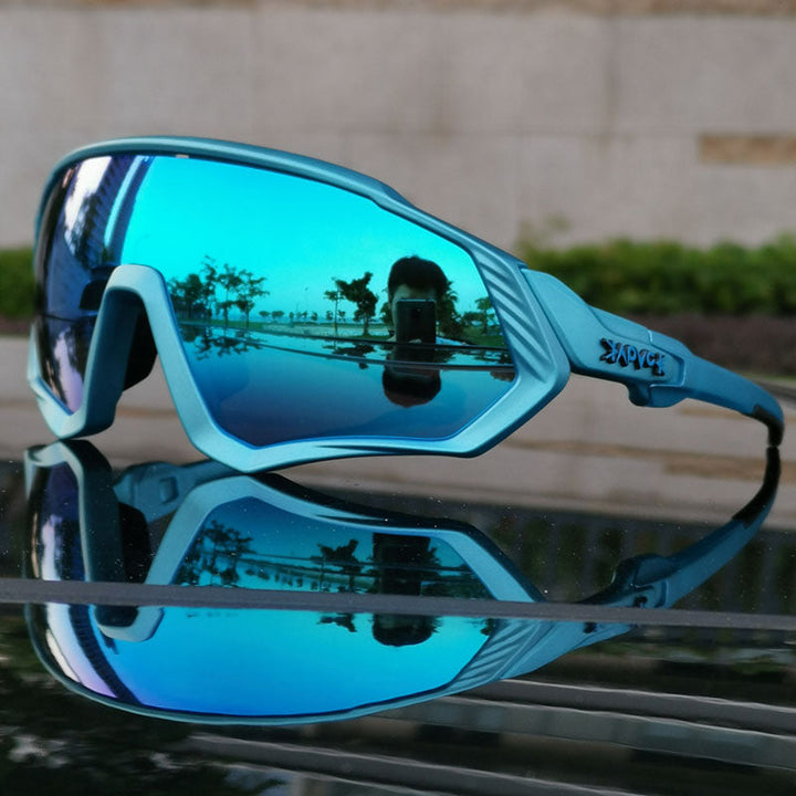 Close-up of SolarGlide unisex polarized sport sunglasses, showcasing durable frame & UV protection lenses.