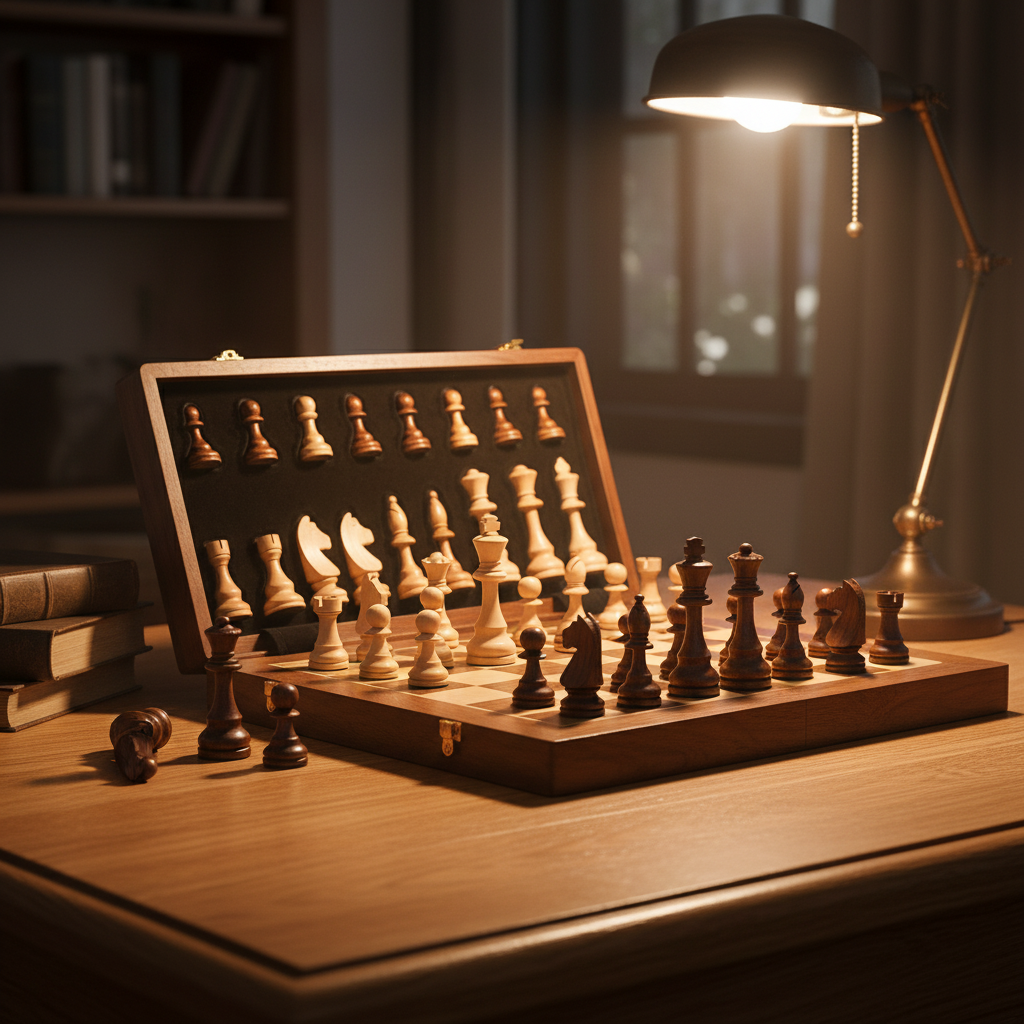 Unisex solid wood portable chess set with pieces, perfect for travel or classic strategy game.
