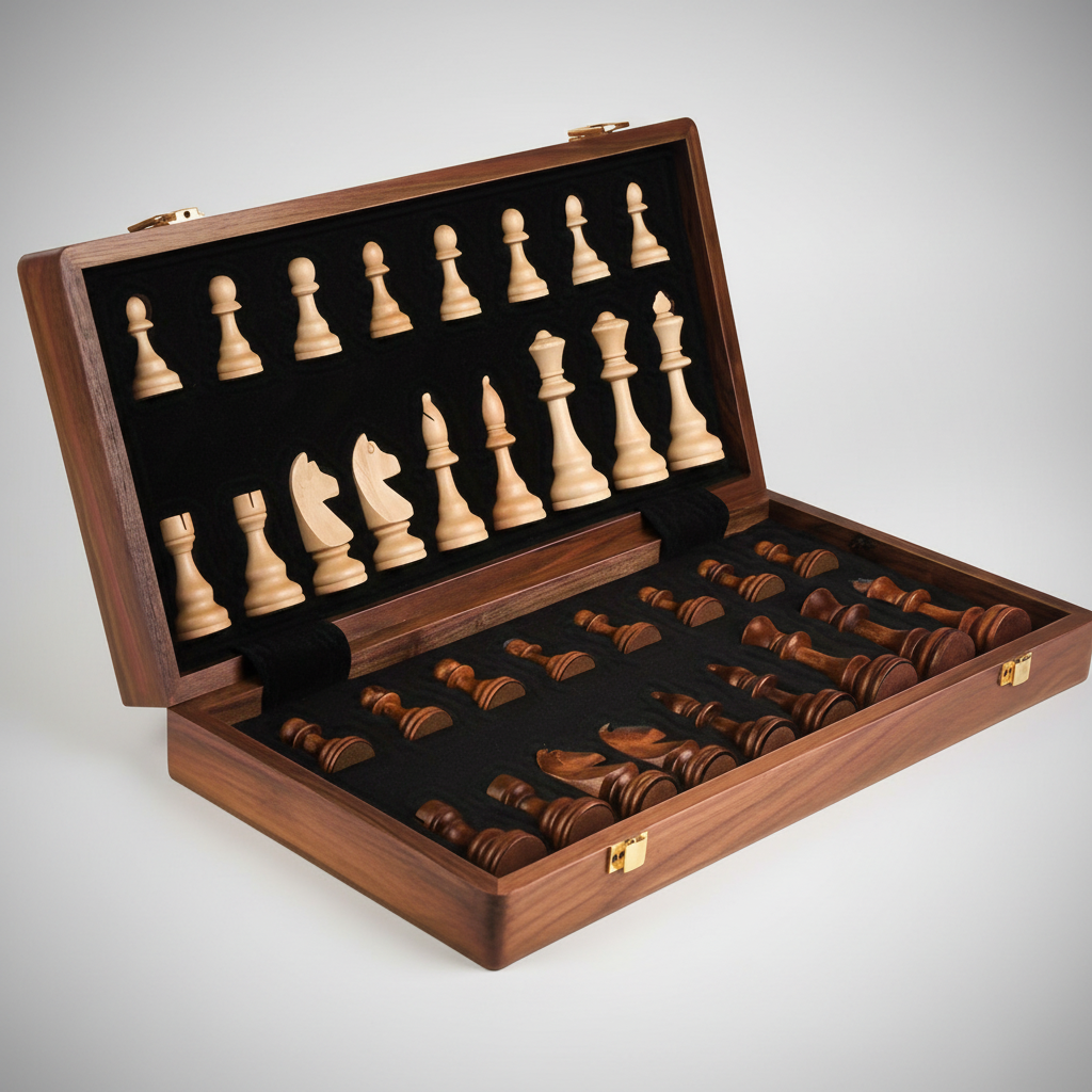 Woodduelor solid wood travel chess set, compact and portable board game for all ages.
