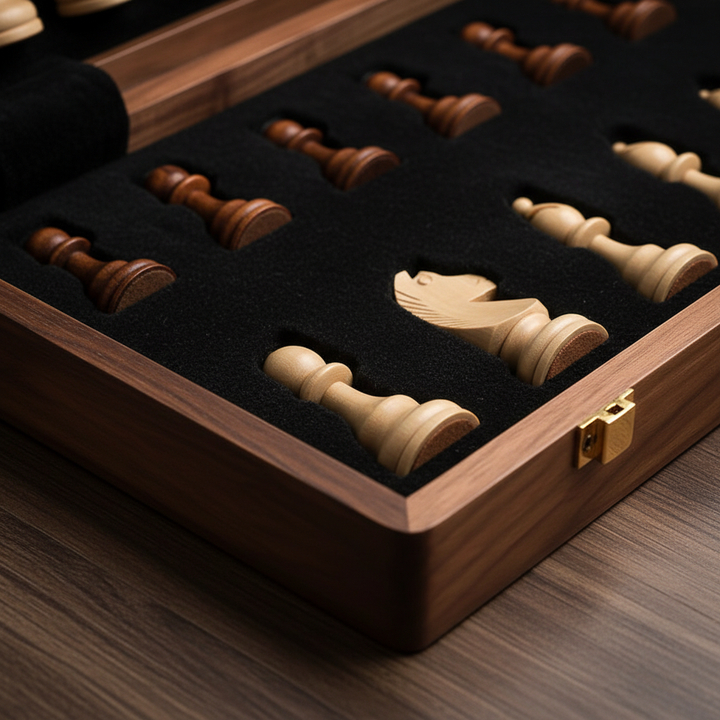 Elegant wooden chess set, a classic strategy game and perfect gift for chess enthusiasts.