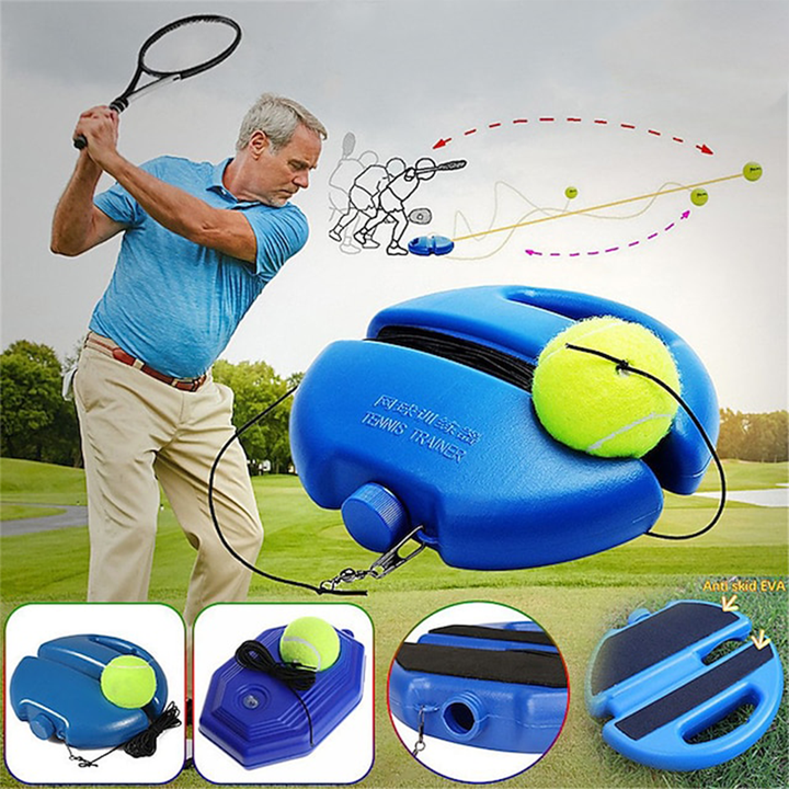Portable tennis trainer with elastic cord & base for continuous ball return, enhancing groundstrokes and serves.