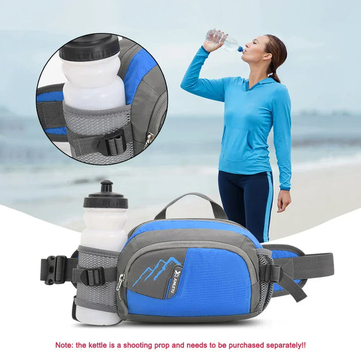 Running waist bag with secure bottle holder for hydration during jogs, marathons & trail runs.