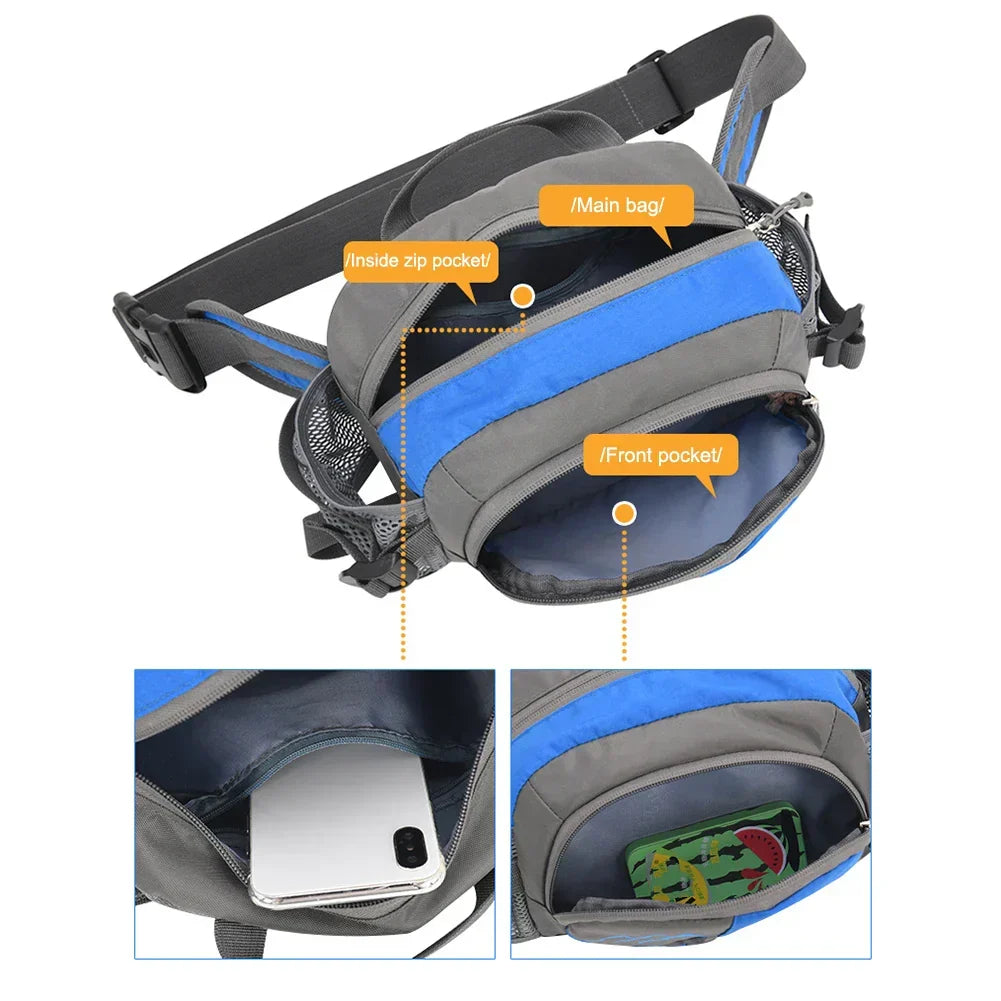 Durable hiking hip pack with water bottle pouch, perfect for outdoor trail adventures & essentials.