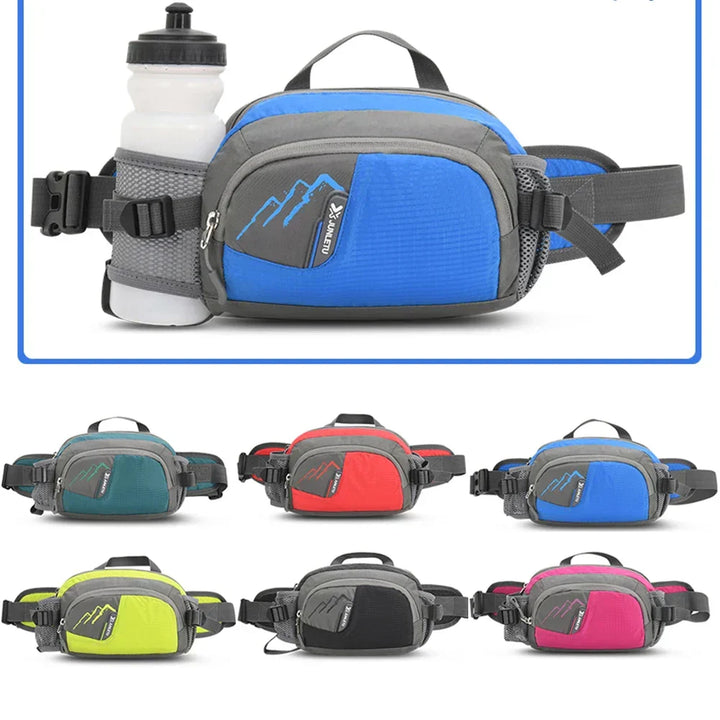 Cycling waist bag for bike rides, features a secure water bottle holder & storage for essentials.