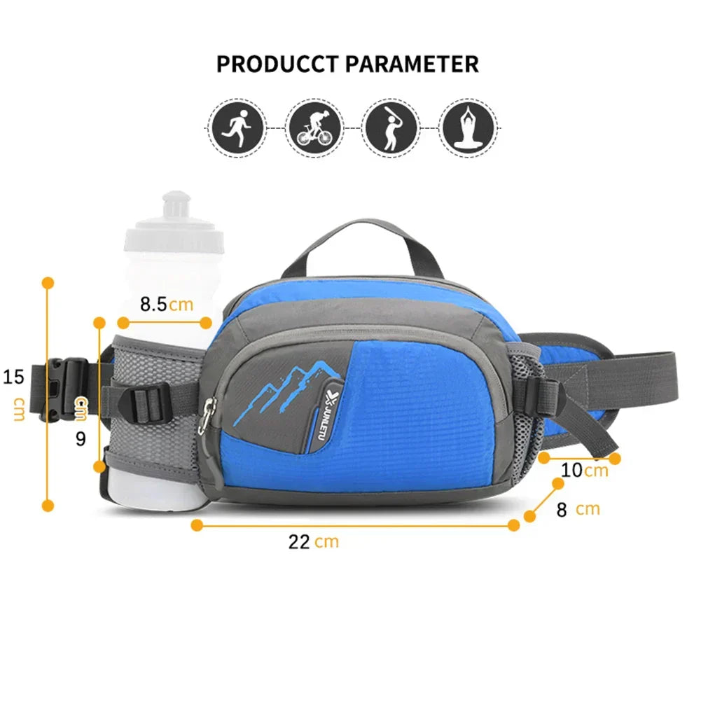 Versatile sport fanny pack with bottle holder for running, hiking, cycling, and travel activities.