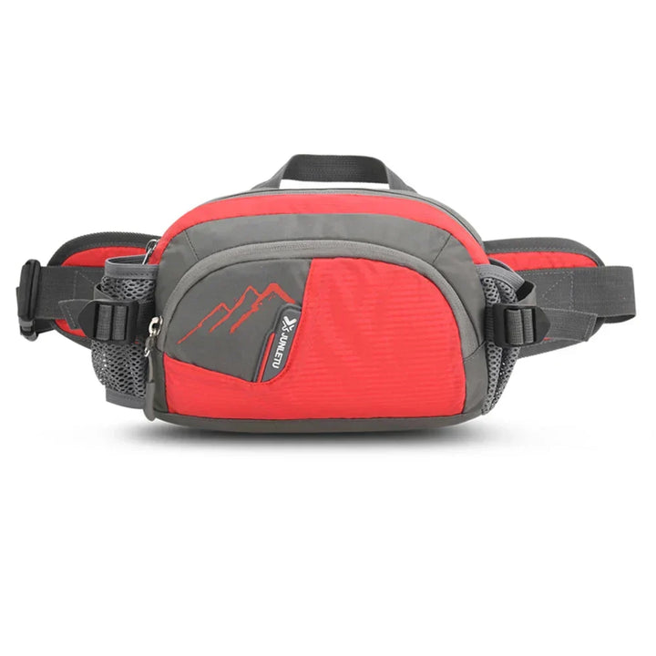 Compact sport waist pack featuring a secure bottle holder and multiple storage pockets for gear.