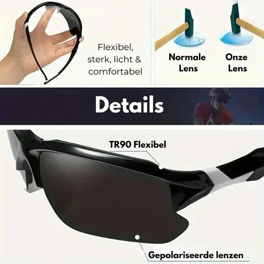 Unisex sports sunglasses with polarized lenses for UV protection & reduced glare in outdoor activities.