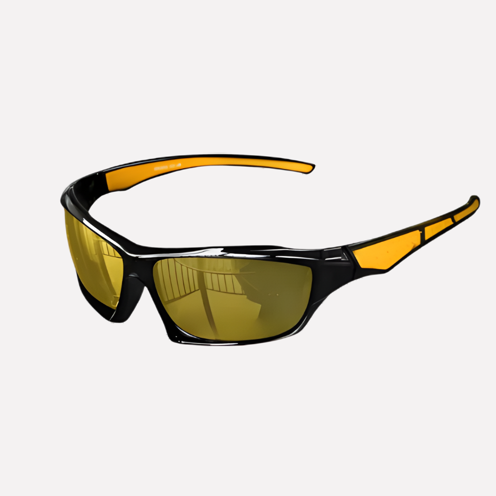 Orange unisex sports wrap sunglasses, polarized UV400 lenses ensuring glare-free vision for outdoor activities.
