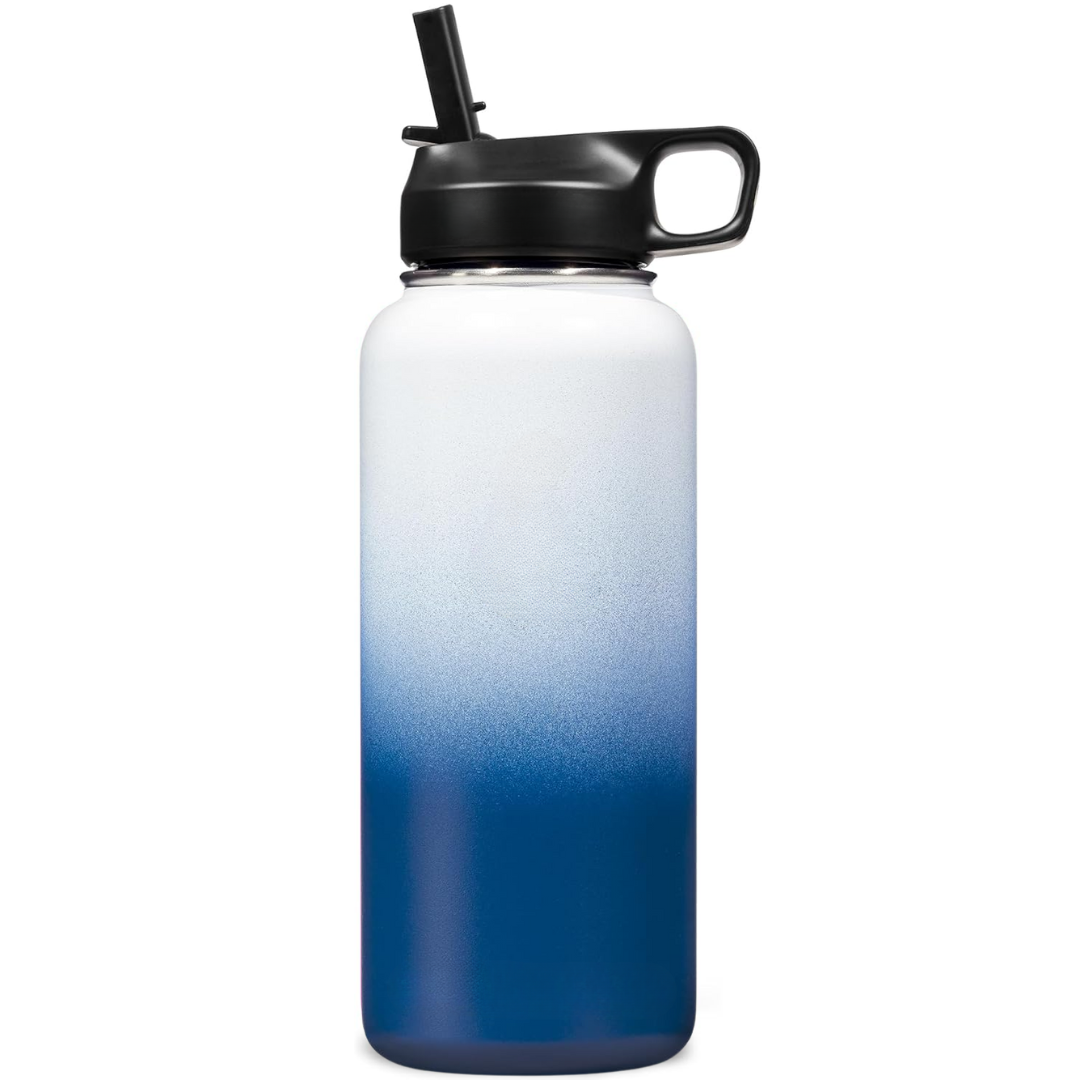Stainless steel travel mug with straw for easy sipping of cold & hot beverages.