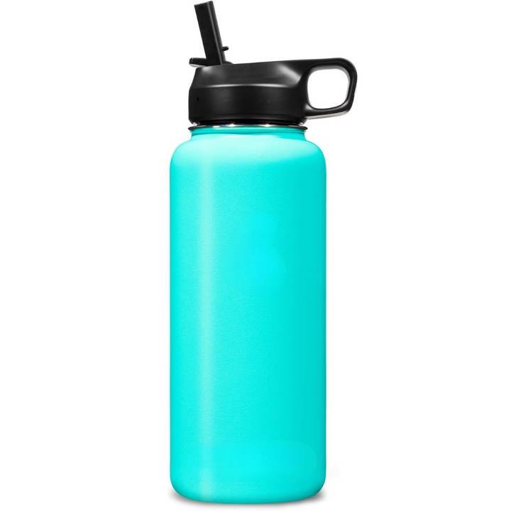 Durable stainless steel water bottle with straw, keeps drinks cold for hours.