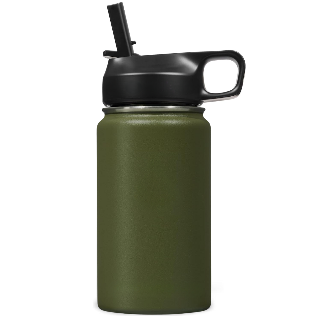 Stainless steel hydration bottle, designed with a straw for easy access.