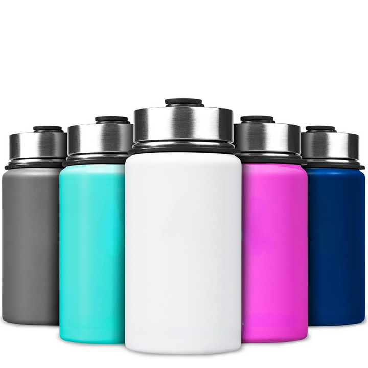 Travel-friendly stainless steel water bottle, insulated for temperature retention.
