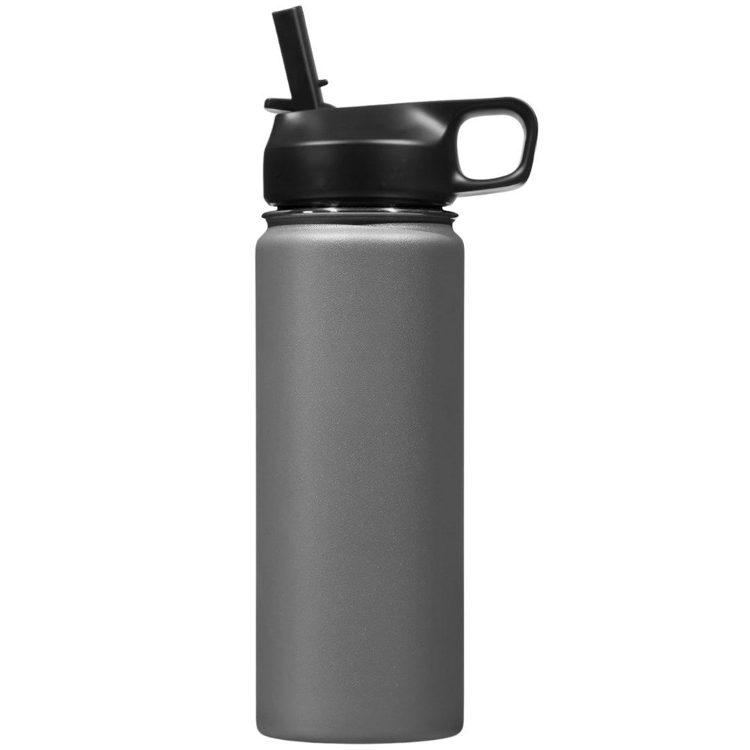 Stainless steel bottle with straw, ideal for keeping hot drinks warm in winter.