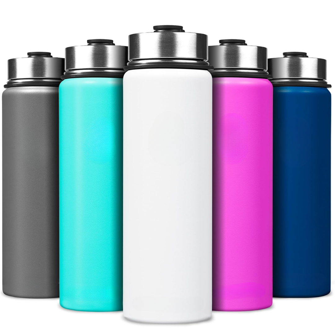 Stylish stainless steel water bottle with straw, perfect for on-the-go.