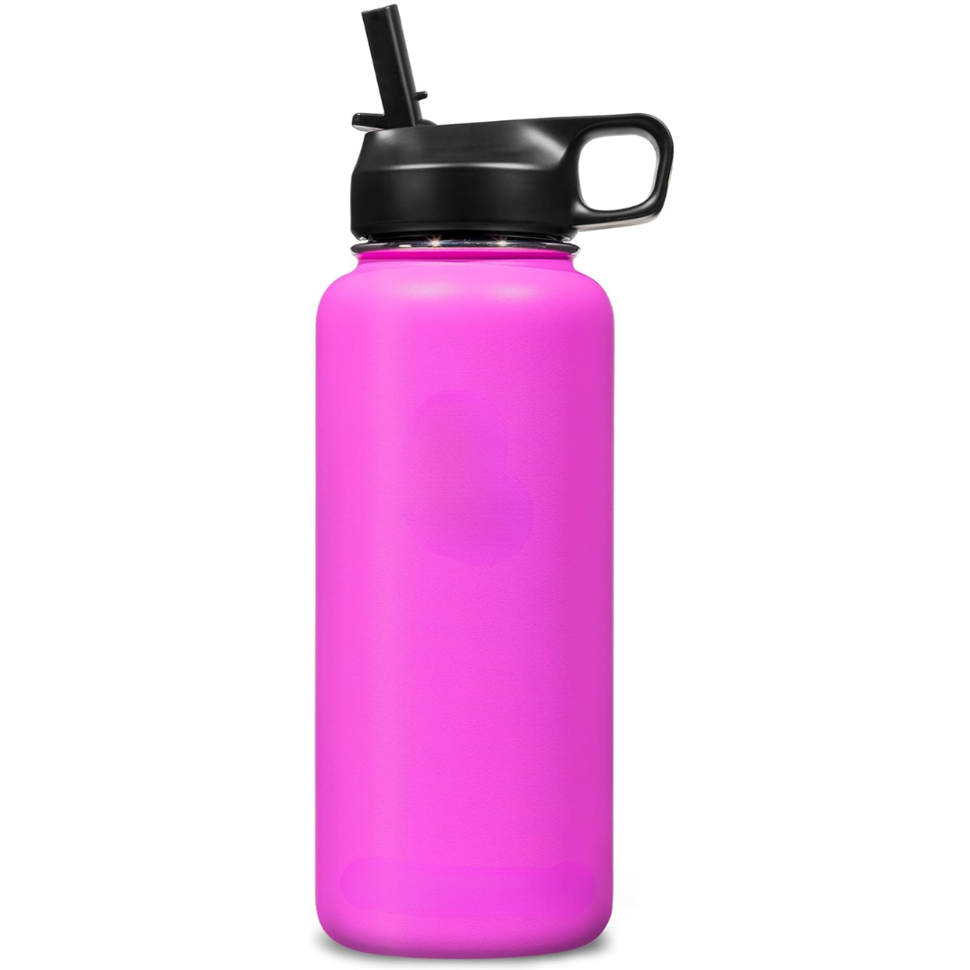 Hydration on-the-go: stainless steel bottle with straw, keeps drinks cold/hot.