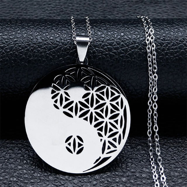 Unisex stainless steel Life Flower pendant necklace. Elegant sacred geometry mandala design, perfect spiritual gift.