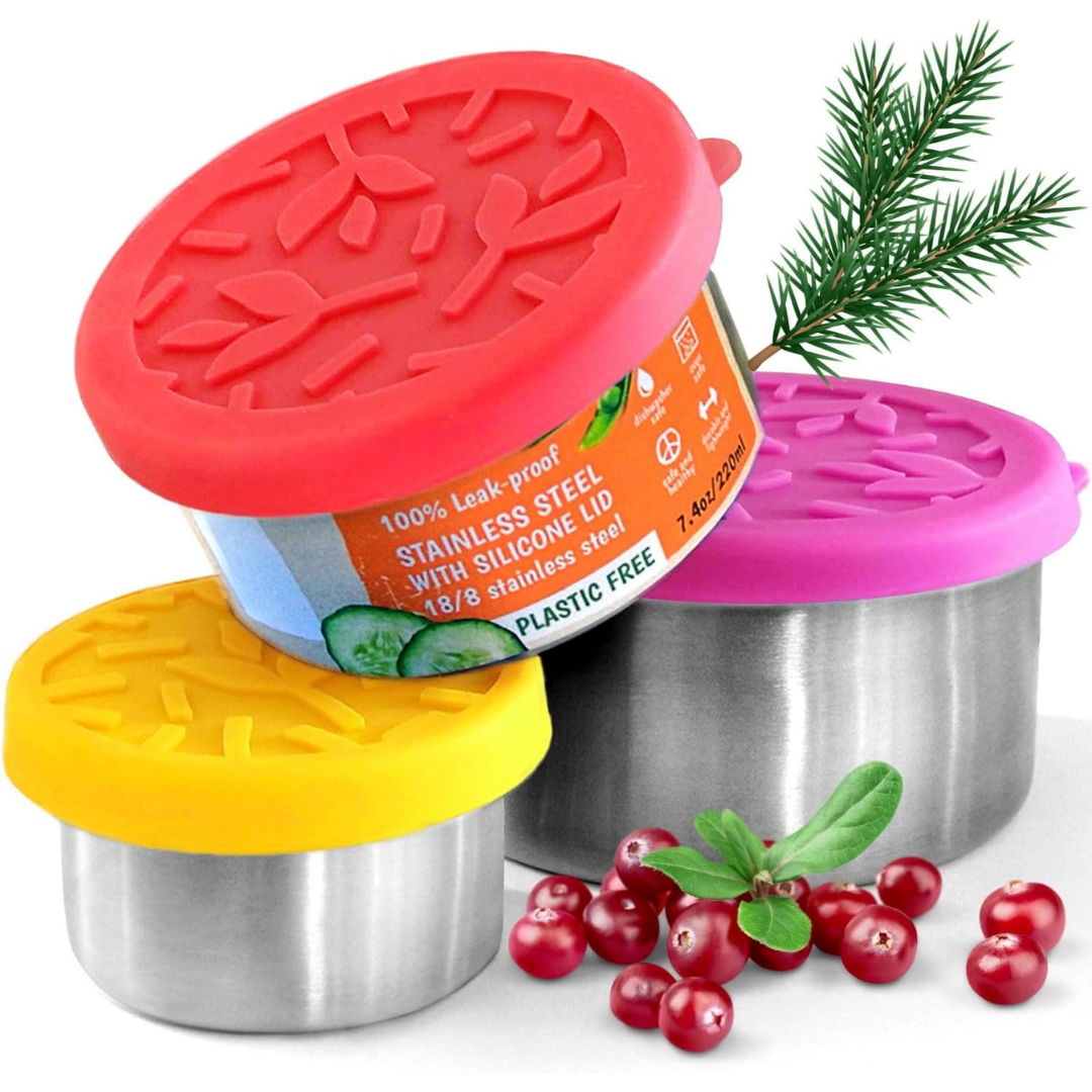 Durable stainless steel lunch box set. 3 containers (100ml, 200ml, 400ml) with lids for food storage & healthy meals.