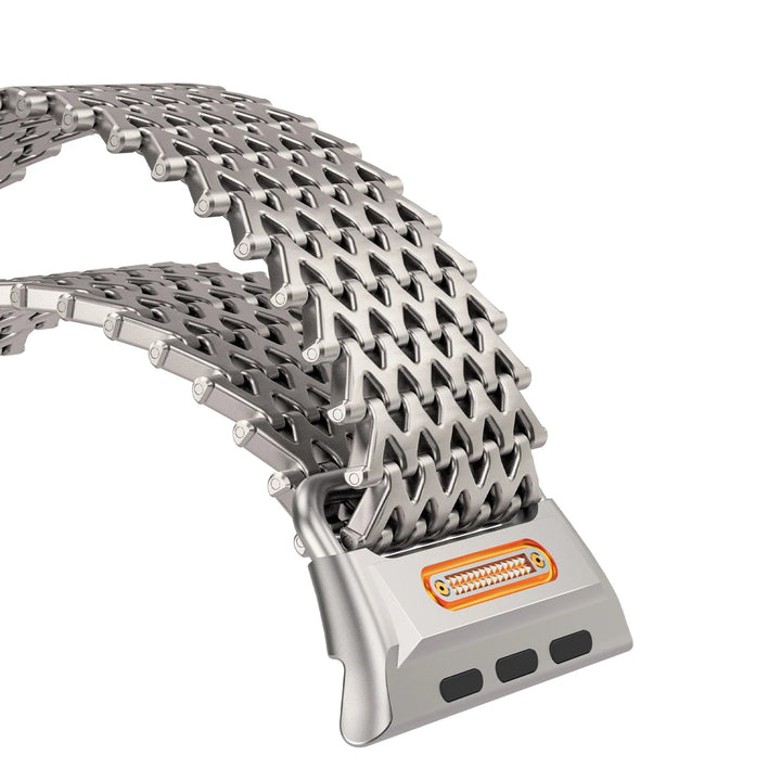 Close-up of the magnetic link clasp on a silver stainless steel watch band. Easy-adjust wristband.