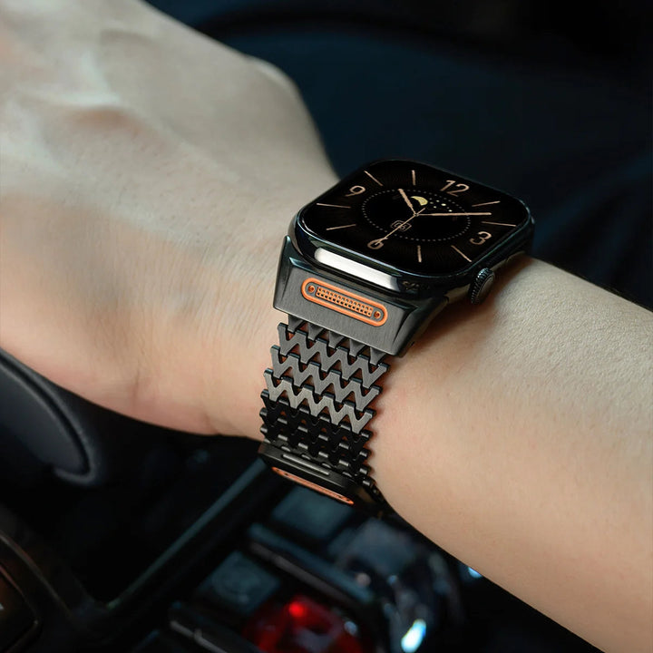 Modern magnetic link watch band, silver stainless steel finish. Compatible, durable smartwatch accessory.