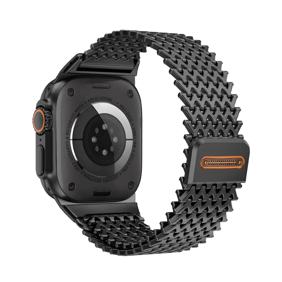 Texture shot: Brushed stainless steel magnetic watch band. Premium metal wristband for a sophisticated look.