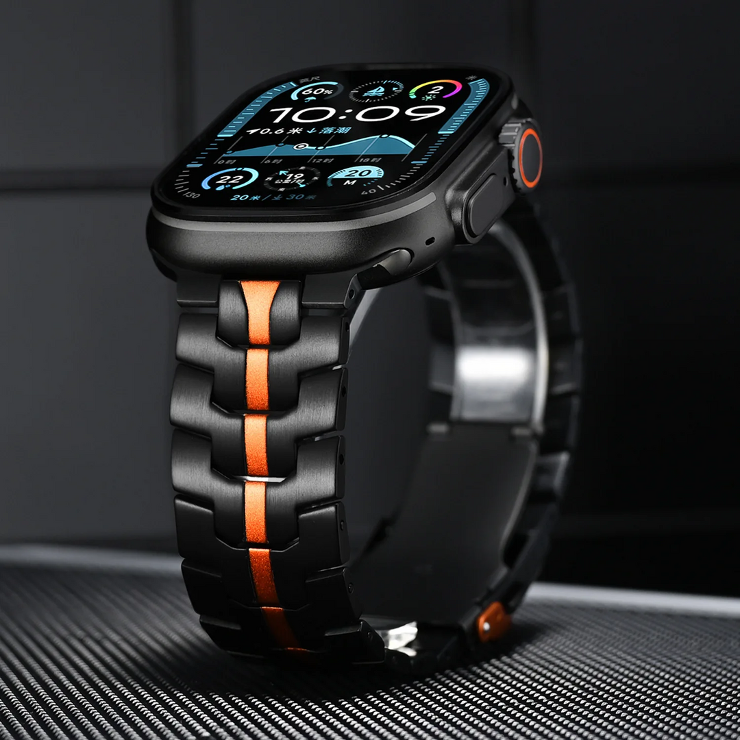 Unisex stainless steel smartwatch band, Wayfarer design. A premium metal strap for fashion tech enthusiasts.