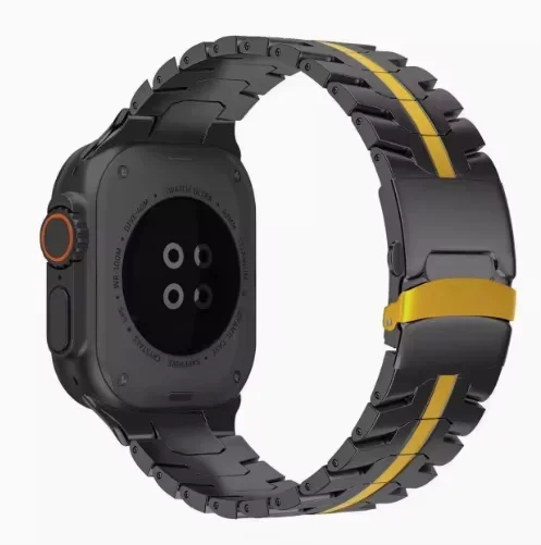 Premium stainless steel smartwatch band, Wayfarer design metal strap. A sophisticated watch accessory.