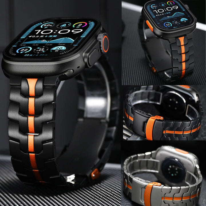 Long-lasting stainless steel smartwatch band, Wayfarer design. Durable unisex metal watch strap.
