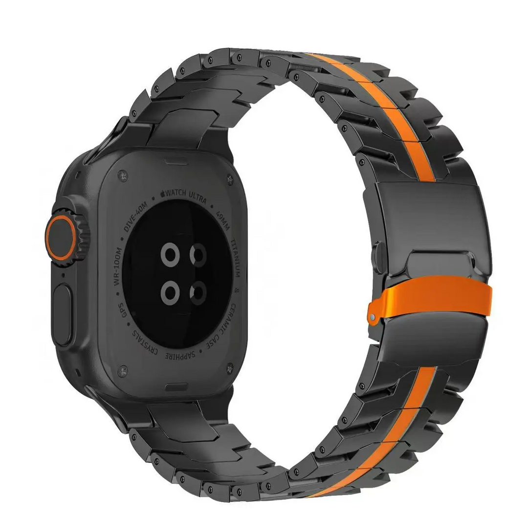 Close-up of Wayfarer design on a quick release stainless steel smartwatch band. Luxury metal strap.