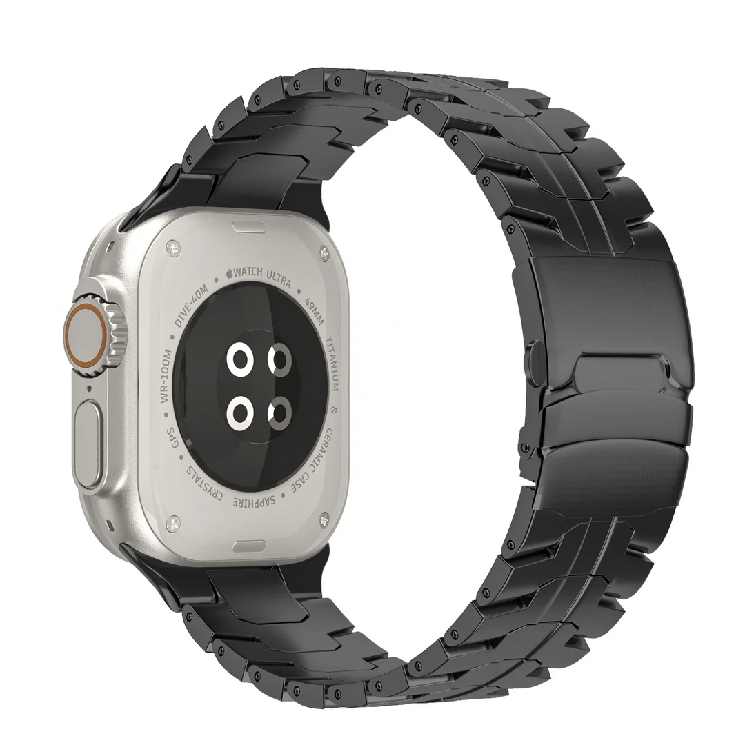 Unisex stainless steel smartwatch band, Wayfarer design, worn comfortably on a wrist. Fashion tech.