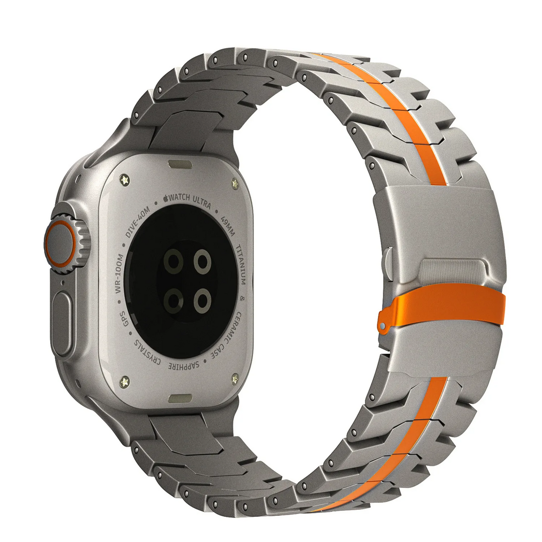 Polished stainless steel smartwatch band, Wayfarer design. A premium metal watch strap accessory.