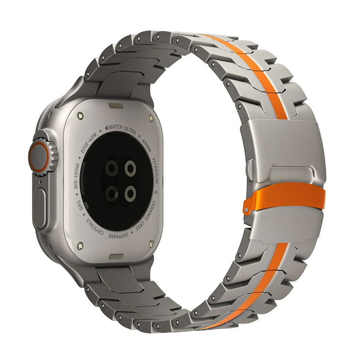 Polished stainless steel smartwatch band, Wayfarer design. A premium metal watch strap accessory.