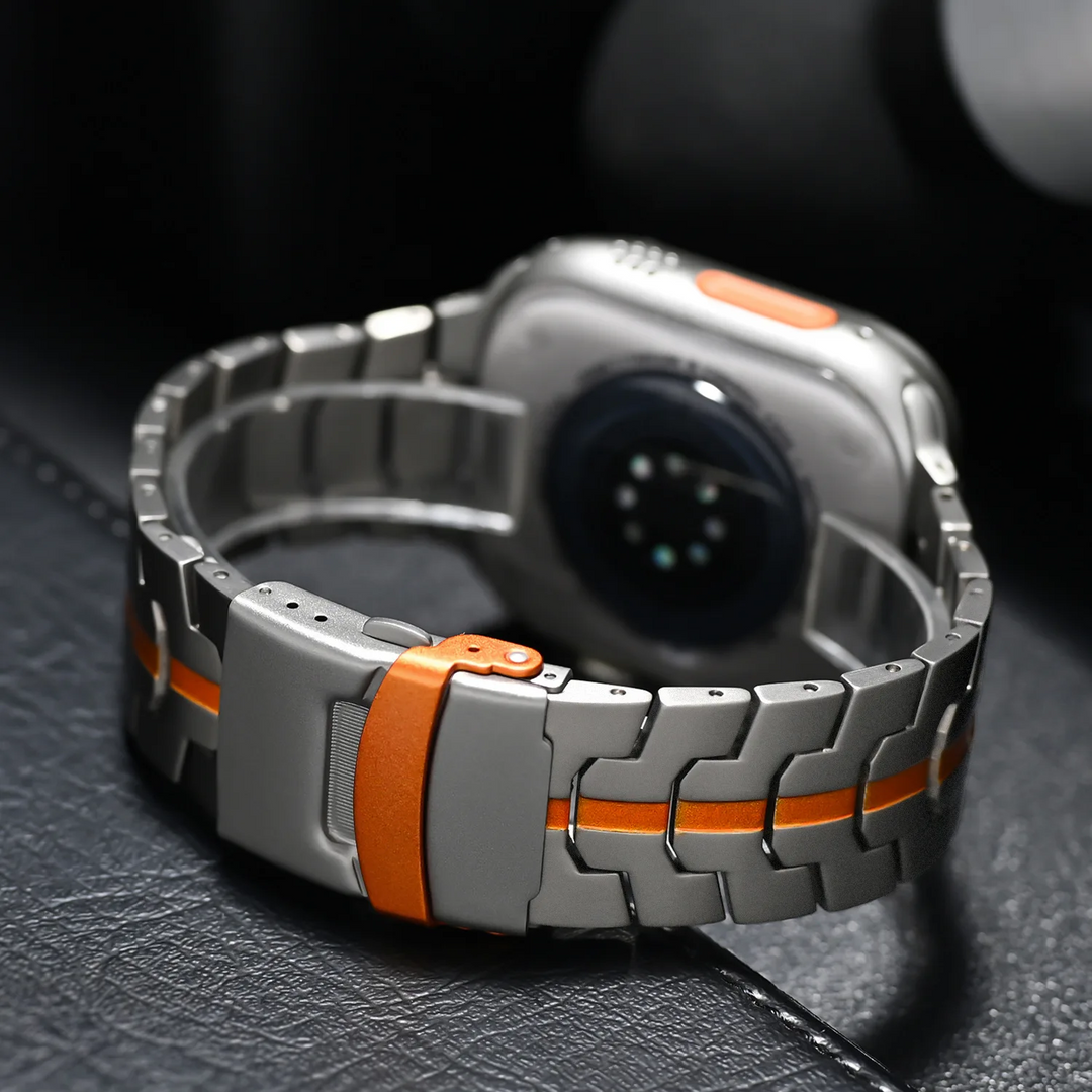 Elegant Wayfarer style stainless steel smartwatch band. Adjustable quick release fashion tech accessory.
