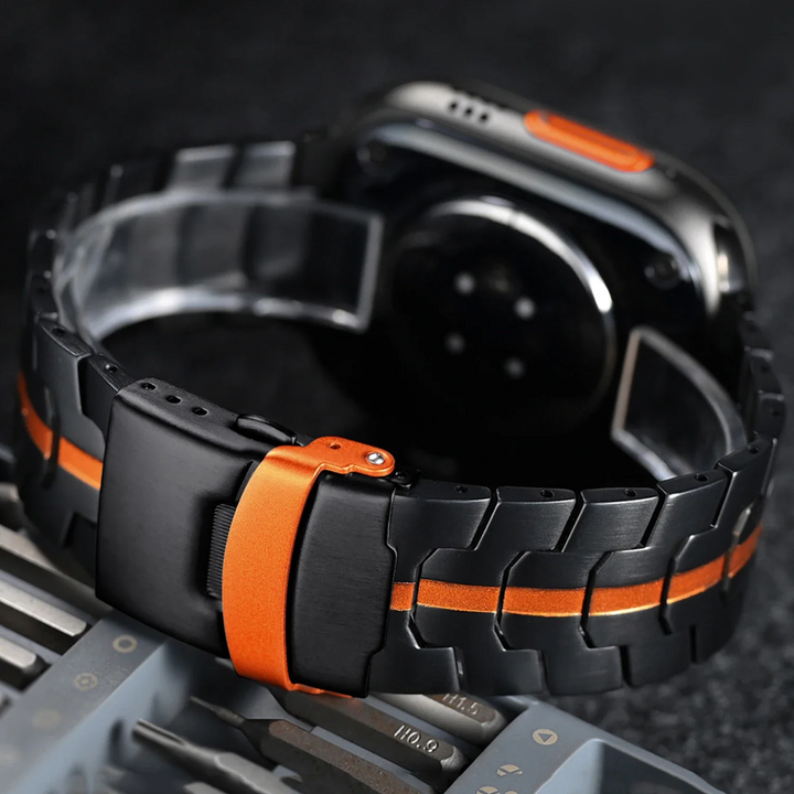 Unisex Wayfarer style stainless steel smartwatch band. A chic, modern watch accessory and metal strap.