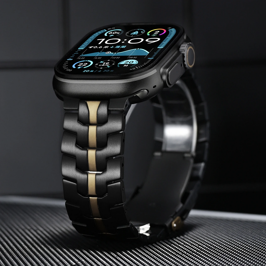 Luxury stainless steel smartwatch band, Wayfarer design. Premium metal strap for an elegant smartwatch upgrade.