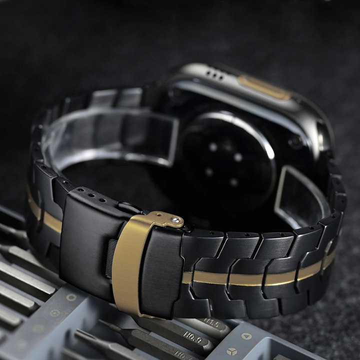 Durable stainless steel smartwatch band with Wayfarer design. A sleek metal watch strap accessory.