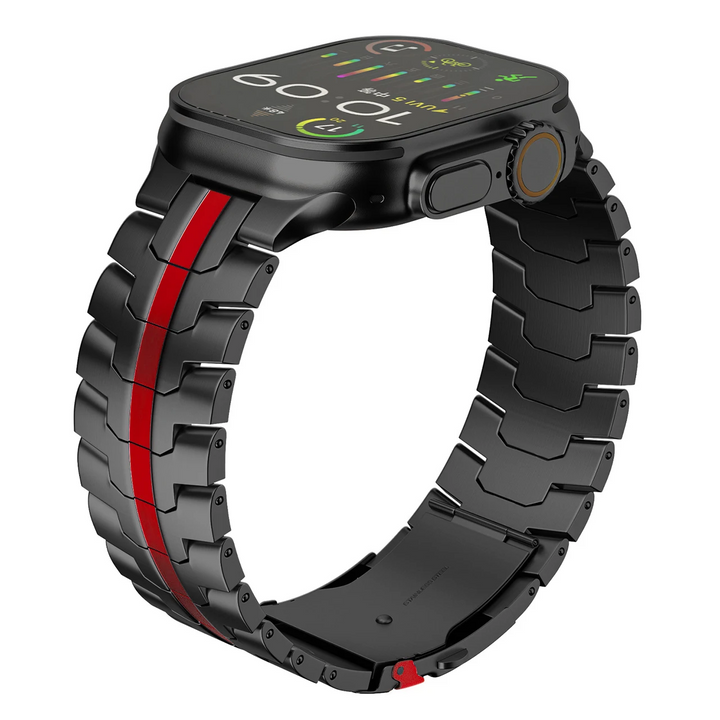 Quick release stainless steel smartwatch band, Wayfarer design. Easy attachment, comfortable metal strap.