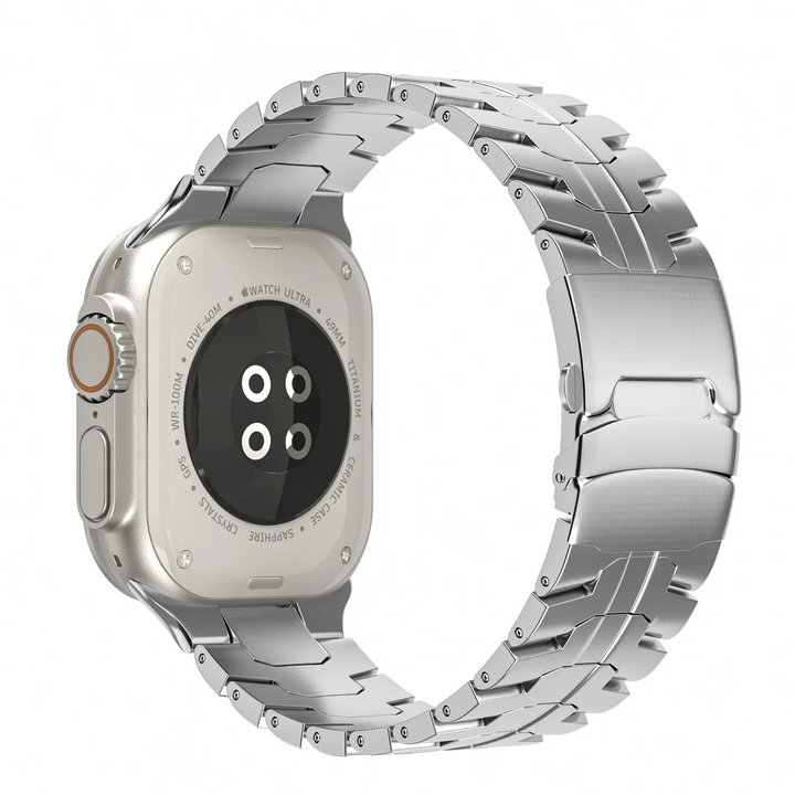 Adjustable stainless steel smartwatch band, Wayfarer style. Perfect fit, premium metal strap for any wrist.