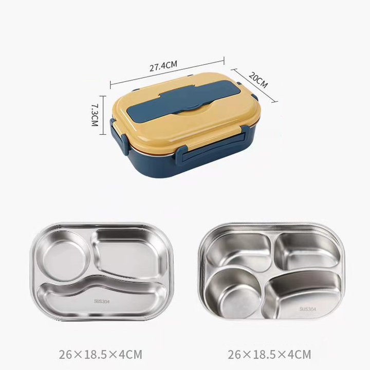 Compact stainless steel thermal lunch box, insulated food container for on-the-go meals.