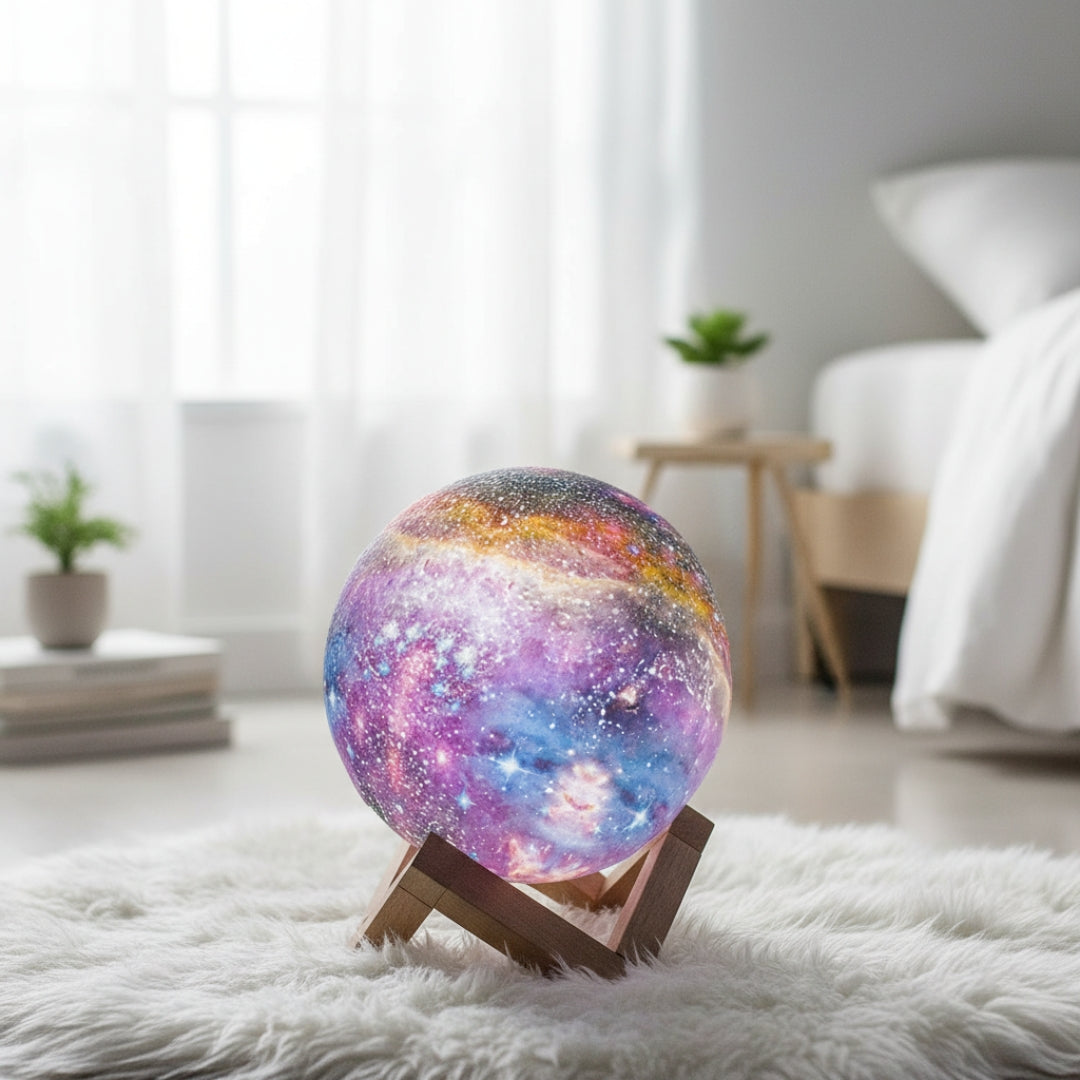 Unisex Star Design Night Lamp, a starlight projector casting stars on a bedroom ceiling, LED ambient light.