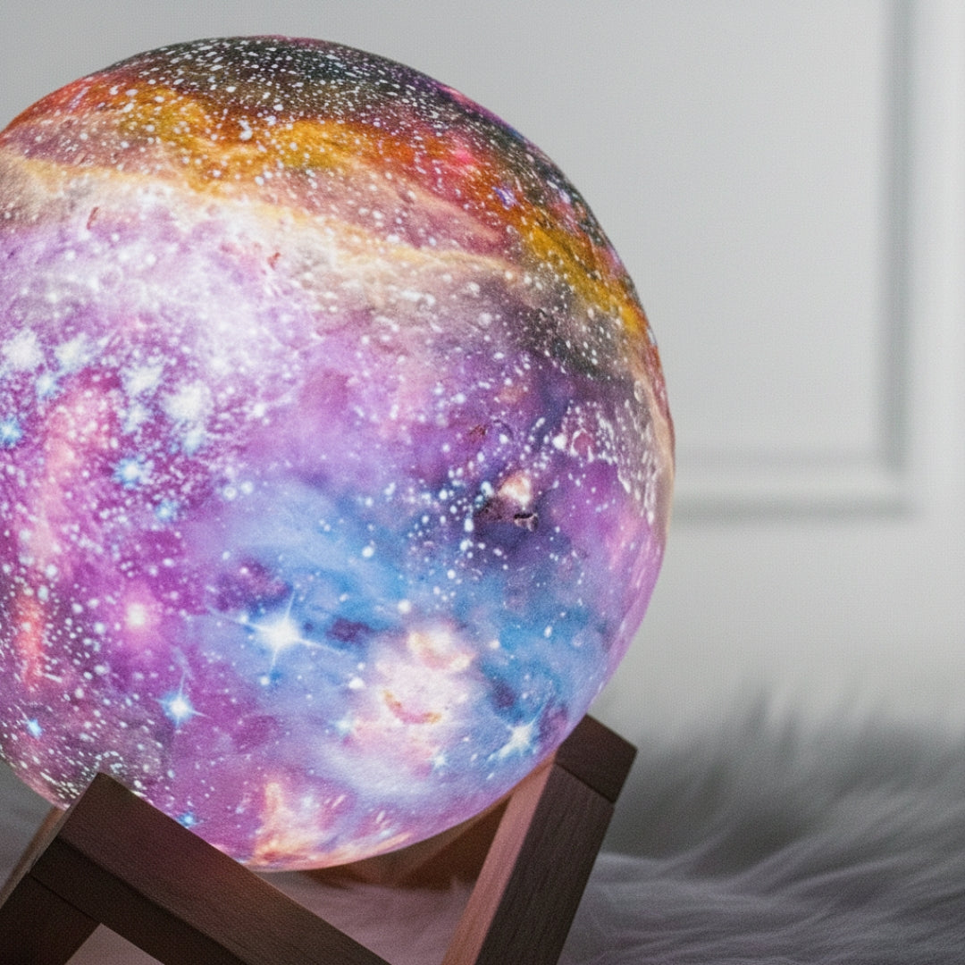 Starlight Projector glowing softly, illuminating a child's bedroom with stars, touch control night lamp.